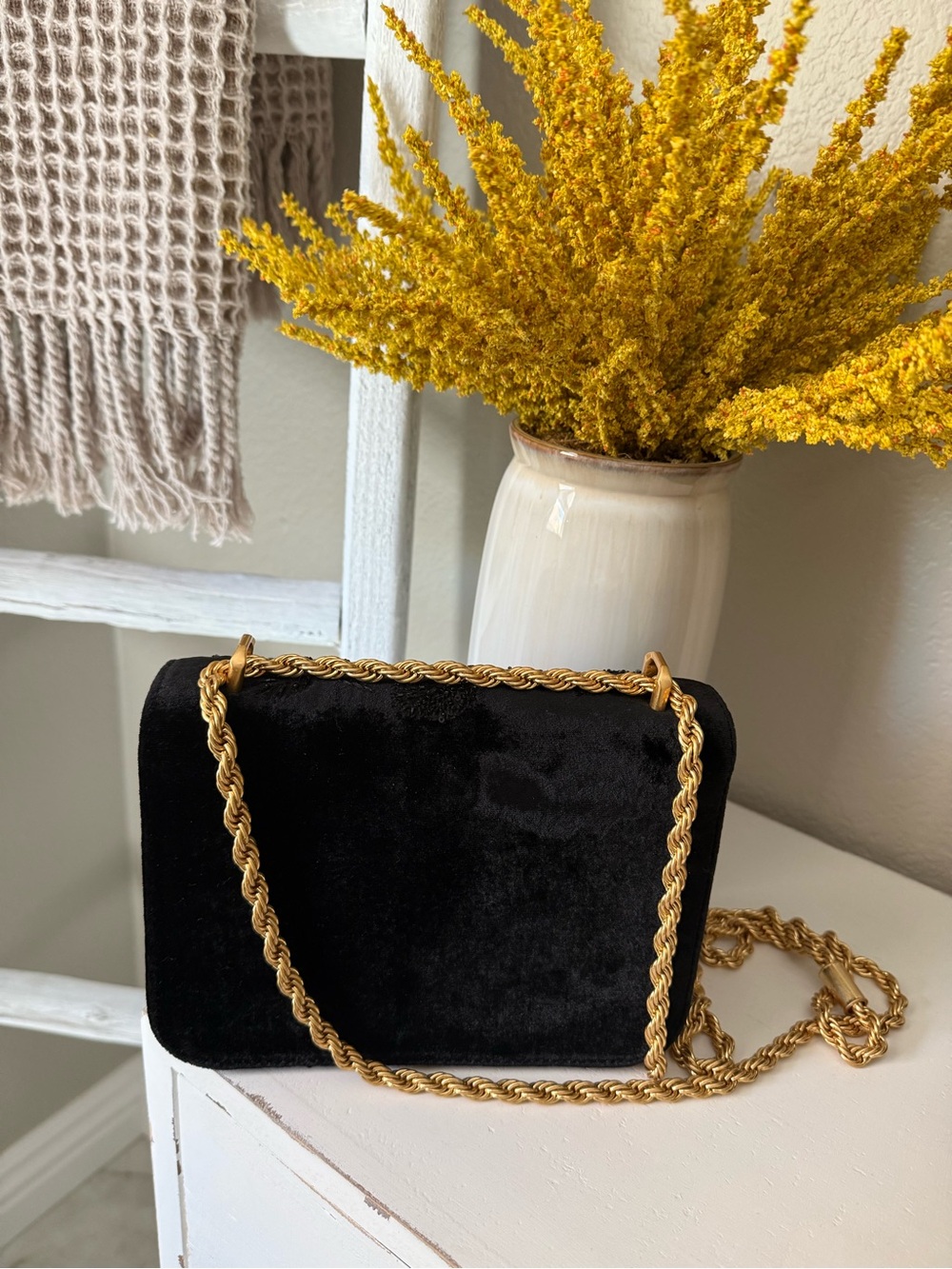 RARE Tory Burch Black Velvet Embroidered Chain Crossbody - Picture 6 of 9